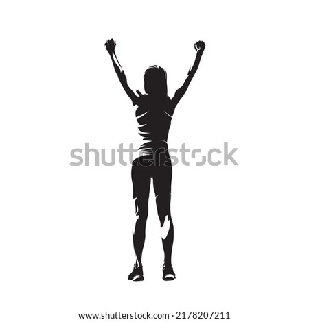 Woman celebrates with her hands raised. Abstract isolated vector silhouette. Rear view. Successful woman