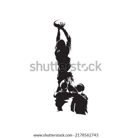 Rugby players, line-out. Abstract isolated vector silhouette, ink drawing. Group of rugby athletes
