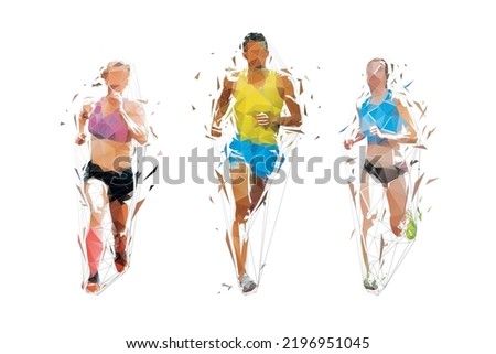 Run, group of running people, man and women, low polygonal vector illustration, front view, geometric drawing from triangles. Set of runners