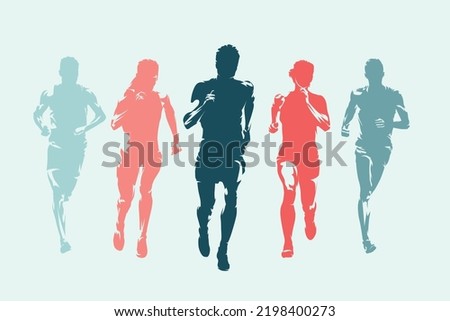 Run, group of running people, men and women, front view. Set of isolated vector silhouettes, ink drawing