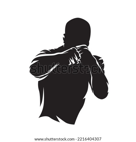 Boxer fighter, isolated vector silhouette, ink drawing, front view. Combat fighting logo