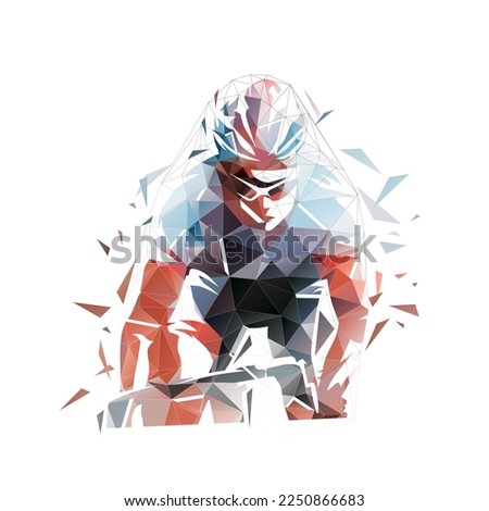 Road cycling, cyclist logo, low polygonal isolated vector illustration. Front view