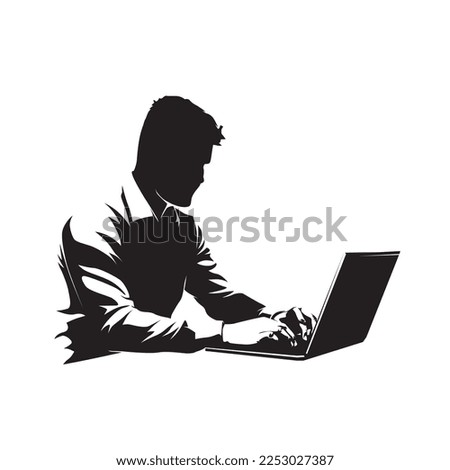 Programmer, html coder sitting at table and working on laptop, isolated vector silhouette. Business man