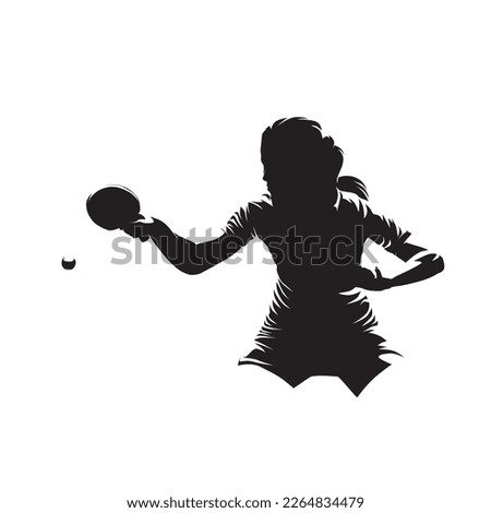Woman playing table tennis, ping pong isolated vector silhouette, ink drawing, front view