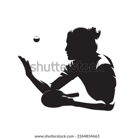 Table tennis serve, isolated vector silhouette, ink drawing. Ping pong female player. Active woman