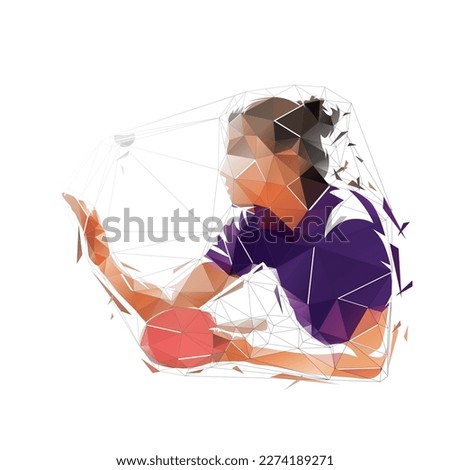 Table tennis serve, low polygonal woman playing table tennis. Isolated vector illustration. Ping pong female player