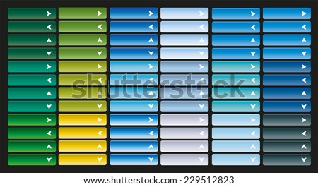 Large collection of bright web buttons with arrow. Combination of all primary colors. Pointer to the left, right, up, down, open, close, next, previous.