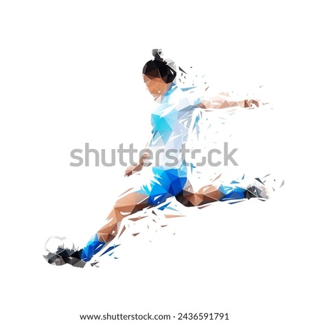 Soccer, woman playing football, geometric drawing of female soccer player kicking ball, low poly isolated vector illustration, side view