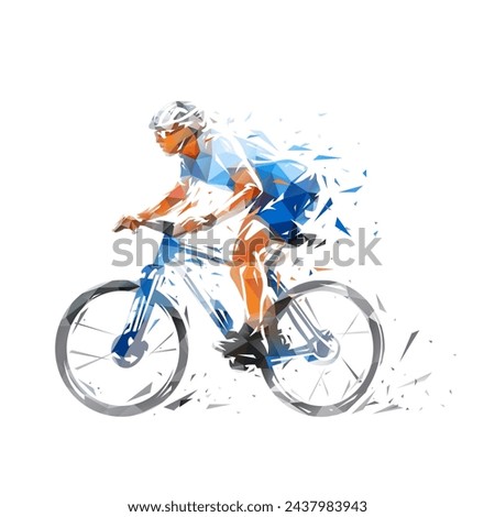 Mountain bike racing, man riding mountain bike, low poly isolated vector illustration. Mountain cycling