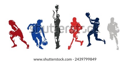 Basketball, group of men and women playing basketball, set of isolated vector silhouettes