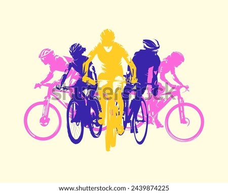 Cycling, mountain biking and road cycling, isolated vector silhouette