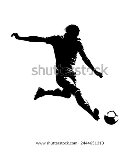 Football player kicking ball, isolated vector silhouette. Soccer logo