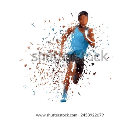 Run, running man, isolated low poly vector illustration with shatter effect, front view