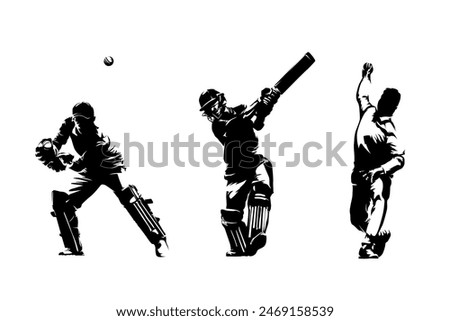 Cricket players, group of batsman, bowler and wicket-keeper in action, isolated vector silhouette, front view