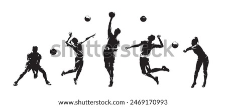 Group of volleyball players, men and women playing volleyball, set of isolated vector silhouettes