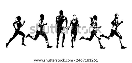 Run, group of running people, men and women. Set of isolated vector silhouettes