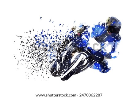 Motorcycle rider on road motorbike. Moto racing, low poly isolated vector illustration, distortion effect