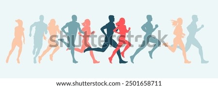 Run, group of running people. Set of isolated vector silhouettes of sport athletes