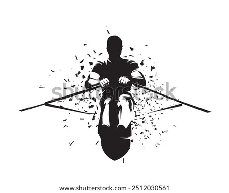 Rowing, athlete rows, front view isolated vector silhouette. Water sport logo