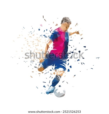 Football, soccer player running with ball, low poly isolated vector illustration, side view