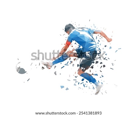 Soccer player kicking ball, football. Isolated distorted vector illustration. Team sports, side view