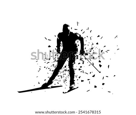 Cross country skiing, isolated vector silhouette, distortion effect. Winter sport