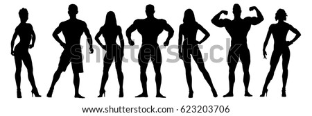 Set of bodybuilders vector silhouettes. Posing men and women. Muscular people Foto stock © 