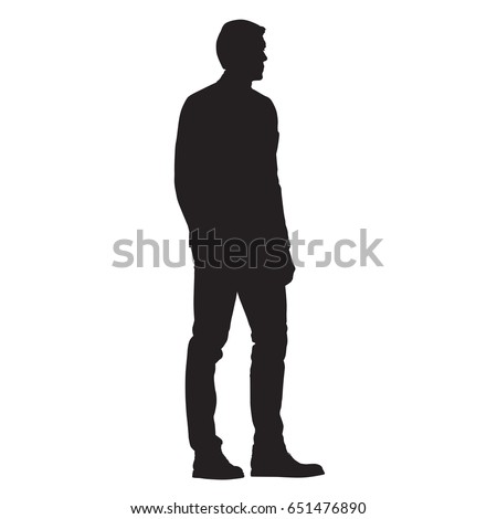 Man in jacket standing with hand in his pocket, side view, isolated vector silhouette