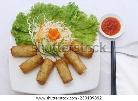 Spring rolls (Cha gio), Vietnamese cuisine. A combination of pork meat or shrimp and vegetable wrapped in rice paper and deep fried. Served with fish sauce/ ketchup.