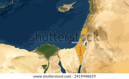 The state of Israel map and its capital city, Jerusalem on the world background. This Jewish country is famous for the Dead Sea and long conflict with Palestine surrounding the Holy Land issue. 
