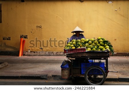 HO CHI MINH CITY, VIETNAM - JAN 20: An unknown Vietnamese street fruit seller on January 20, 2013 in Ho Chi Minh city, Vietnam. She sells mangoes that is ripe enough to eat freshly.