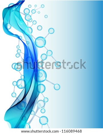 Abstract wave and molecule background, blue illustration, vector