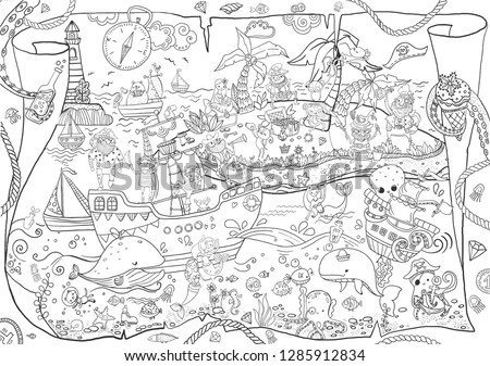 Large pirates coloring, children's illustration, many characters, funny details