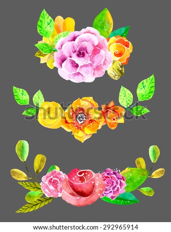 Watercolor flowers set. Colorful floral collection with leaves and flowers. Spring or summer design for invitation, wedding or greeting cards, Vector