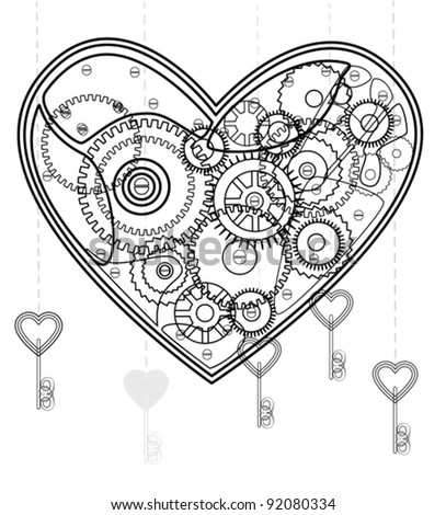 Mechanical black Valentine heart over white, vector