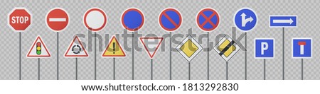 Set of various realistic European traffic signs on posts