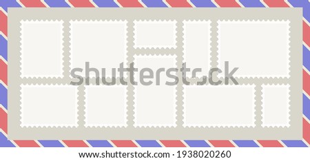 set of 10 blank postage stamps on envelope background 商業照片 © 