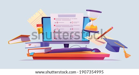 Online education and online exams vector illustrator poster design. E-Learnning, Degree, Graduate, online exam paper, Books, Computer, Device, Pencil and Papers