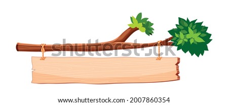Wooden signboard hanging on tree branch. Wooden signboard or hanging signboard with rope. Blank or empty, clear isolated wooden planks or signboards. Flat vector illustration.