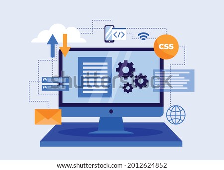 Software engineer concept. Web design and development, programmer and coding website or app. project engineer, programming software, application, developer, HTML, PHP, JS, CSS, Java Script, languages.