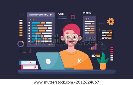 Software engineer concept. Web design and development, programmer and coding website or app. project engineer, programming software, application, developer, HTML, PHP, JS, CSS, Java Script, languages.