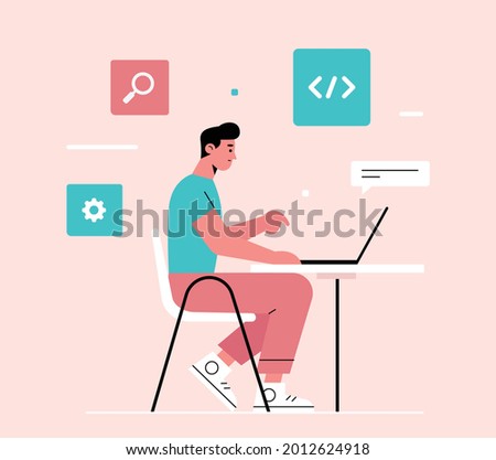 Software engineer concept. Web design and development, programmer and coding website or app. project engineer, programming software, application, developer, HTML, PHP, JS, CSS, Java Script, languages.