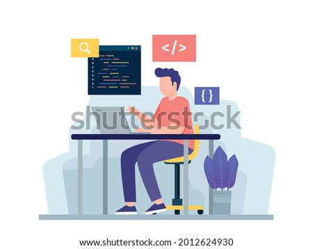 Software engineer concept. Web design and development, programmer and coding website or app. project engineer, programming software, application, developer, HTML, PHP, JS, CSS, Java Script, languages.