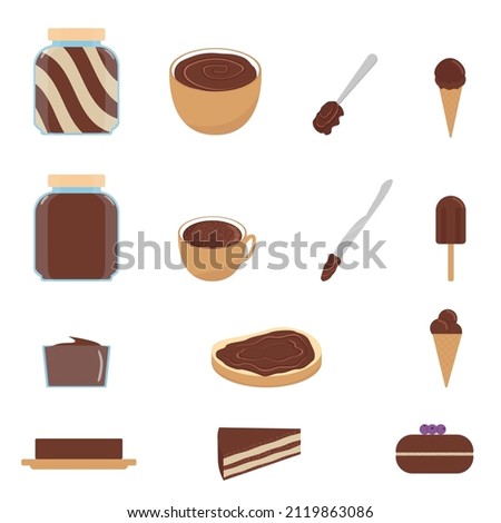 Set of products with chocolate. Chocolate paste, butter, ice cream, cake.