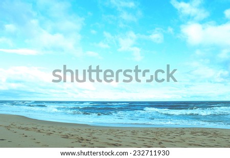Blue sky, beach and ocean poster with vintage filter