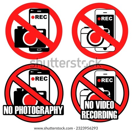 No photography and recording prohibited sign. No camera forbidden modern round sticker vector illustration