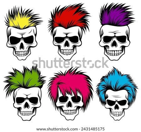 set rocker skull punk hair icon design vector illustration