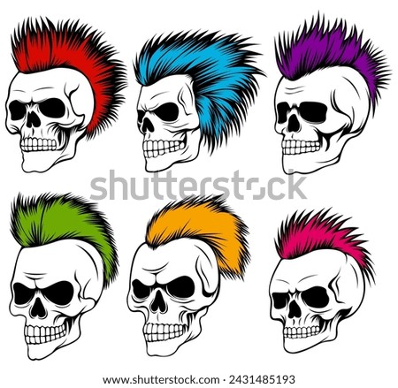 set skull head punk hair icon. rocker skull mohawk design vector illustration	
