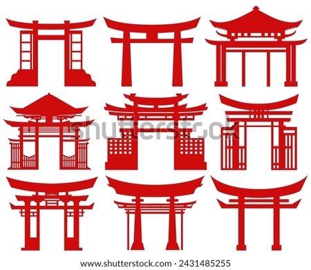 Set Japanese red torii gate icon symbol. Traditional Castle gate  design vector illustration