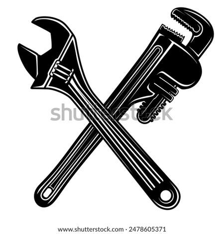 Crossed Adjustable and Plumber Pipe Wrench icon symbol. Repair tools plumbing logo design vector Illustration